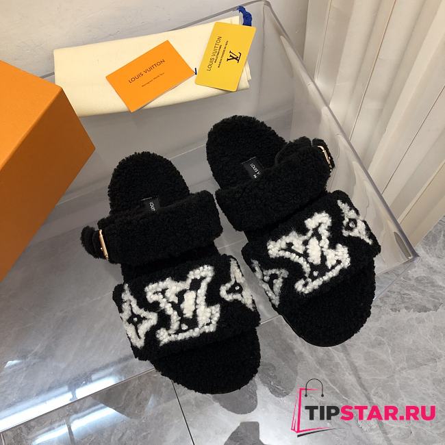 Louis Vuitton Fur Flat Sandals In Black White Pattern - 1