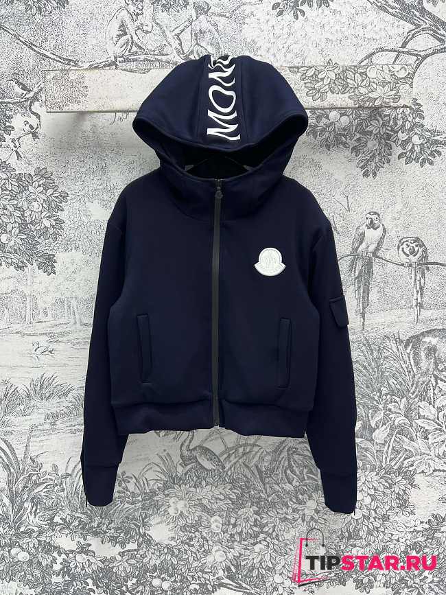 Moncler Maglia Logo Appliqued Cotton Hooded Dark Blue - 1