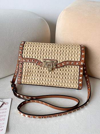 Valentino Small Rockstud Shoulder Bag in Woven Raffia