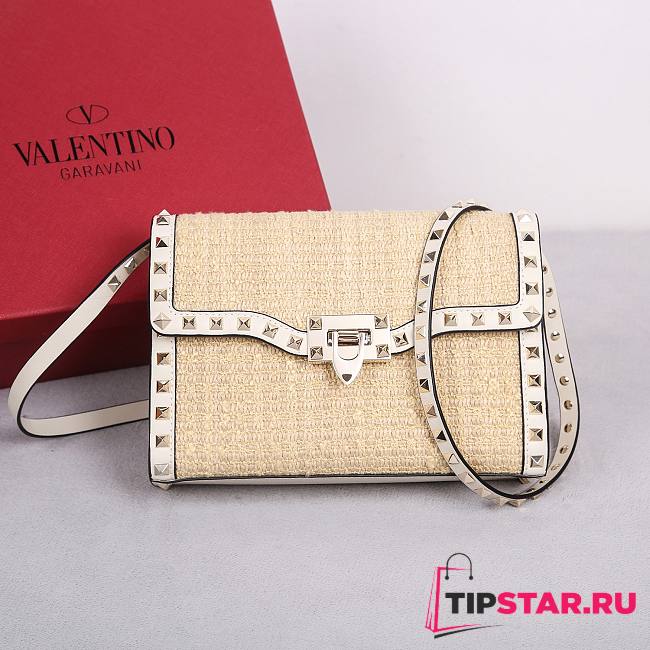 Valentino Rockstud Small Leather-Trimmed Metallic Shoulder Bag Beige - 1