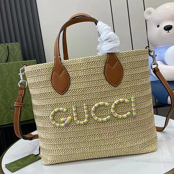 Gucci Leather-trimmed Appliquéd Raffia Tote Size 35x25x10cm