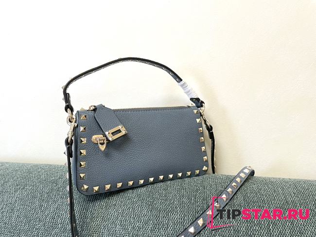 Valentino Small Garavani Rockstud Grainy Calfskin Crossbody In Blue - 1
