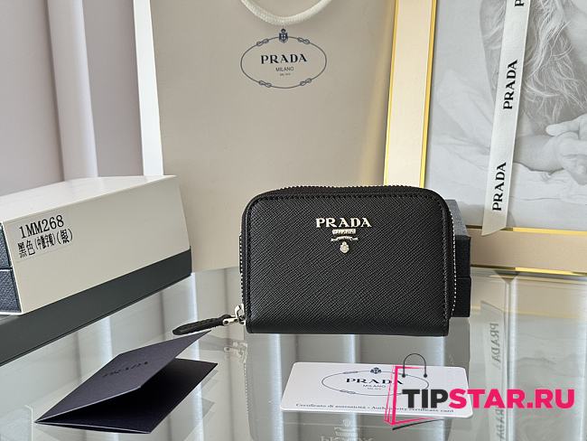Prada Saffiano Leather Giada Turquoise Small Zip Cardholder Wallet Silver Hardware Black - 1