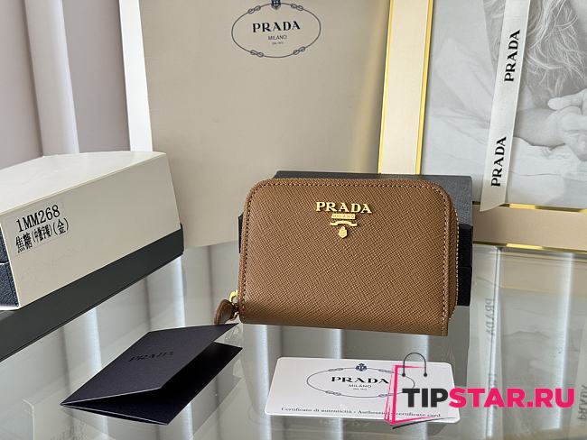 Prada Saffiano Leather Giada Turquoise Small Zip Cardholder Wallet Brown - 1