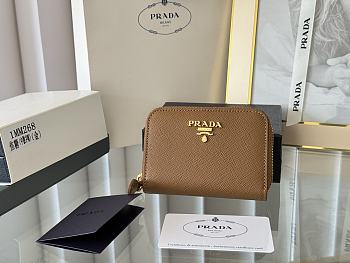 Prada Saffiano Leather Giada Turquoise Small Zip Cardholder Wallet Brown