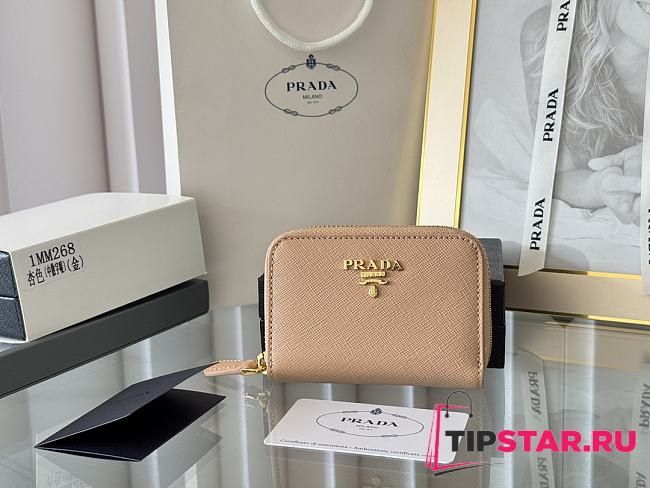 Prada Saffiano Leather Giada Turquoise Small Zip Cardholder Wallet Beige - 1