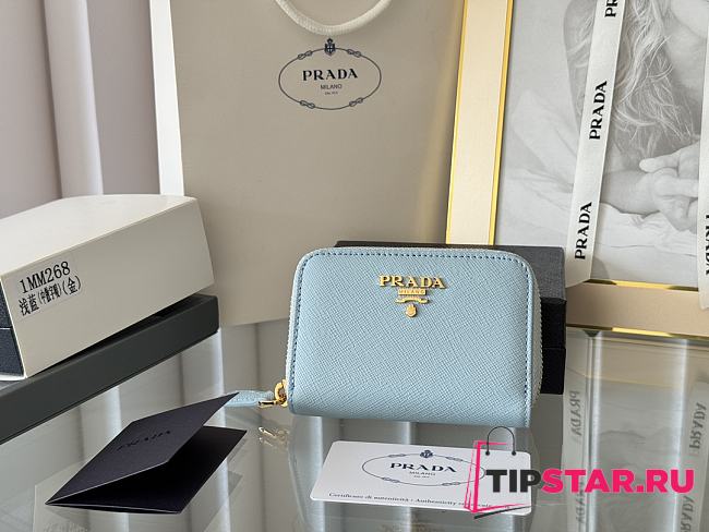 Prada Saffiano Leather Giada Turquoise Small Zip Cardholder Wallet Blue - 1