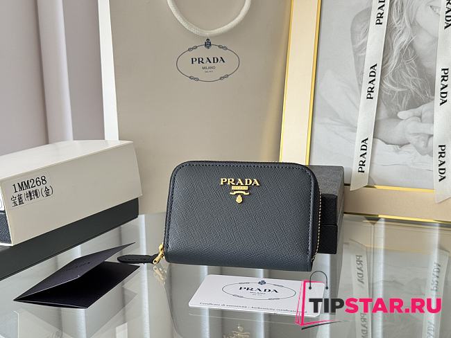 Prada Saffiano Leather Giada Turquoise Small Zip Cardholder Wallet Dark Blue - 1