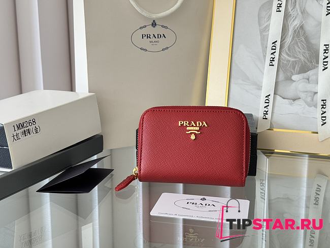Prada Saffiano Leather Giada Turquoise Small Zip Cardholder Wallet Red - 1