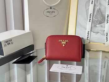Prada Saffiano Leather Giada Turquoise Small Zip Cardholder Wallet Red
