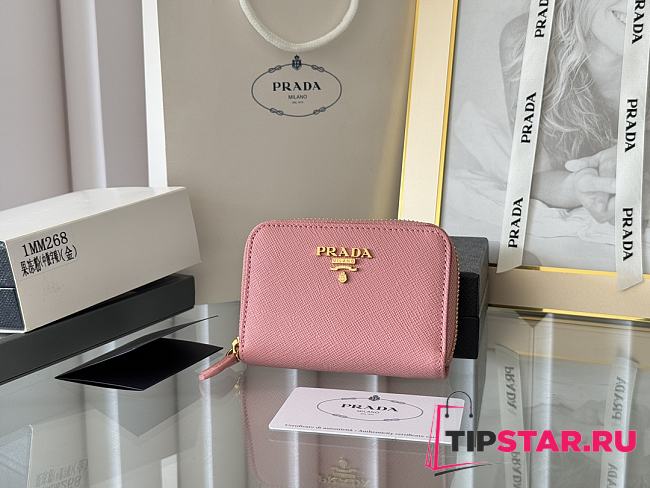 Prada Saffiano Leather Giada Turquoise Small Zip Cardholder Wallet Pink - 1