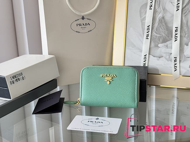 Prada Saffiano Leather Giada Turquoise Small Zip Cardholder Wallet Green - 1