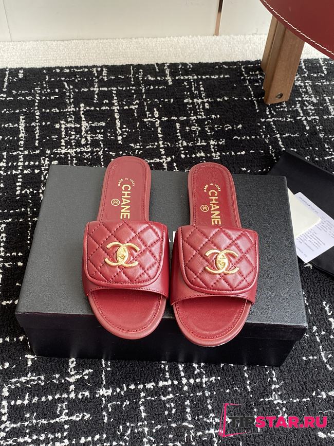 Chanel Red CC logo Turnlock Mules Slides Sandals - 1