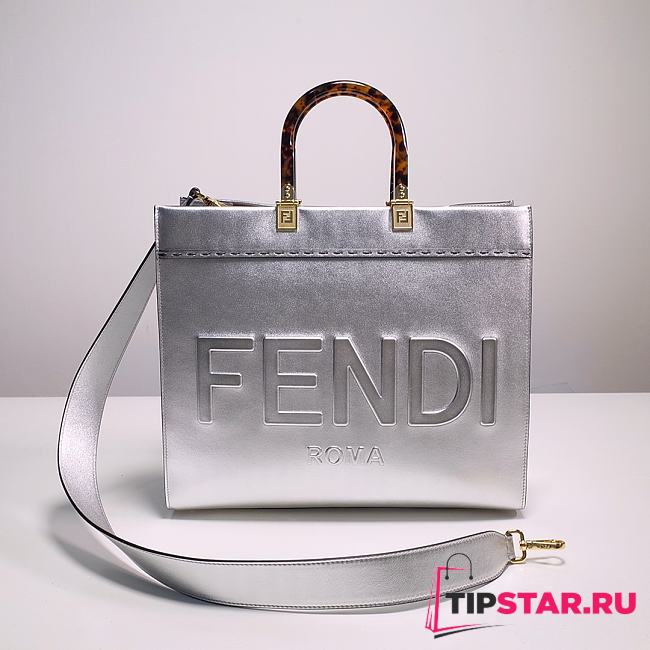 Fendi Vitello Catalan Mirror Plexiglass Logo Embossed Medium In Silver - 1