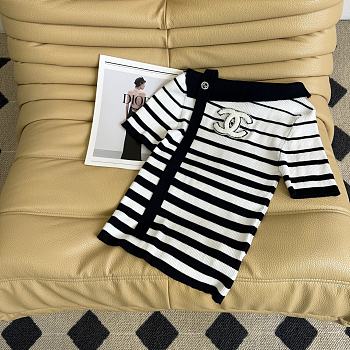 Chanel shoulder ribbon knit short-sleeved top