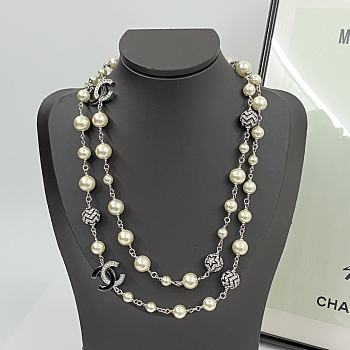 Chanel Black and White Rhinestone Double C Pearl Sweater Necklace