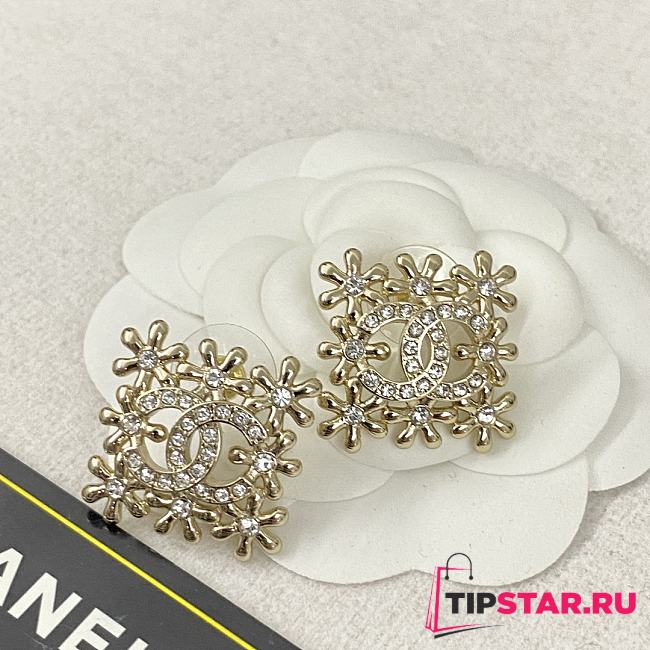 Chanel Gold Flower Hollow Double C Square Stud Earrings - 1