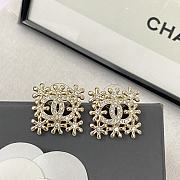Chanel Gold Flower Hollow Double C Square Stud Earrings - 3