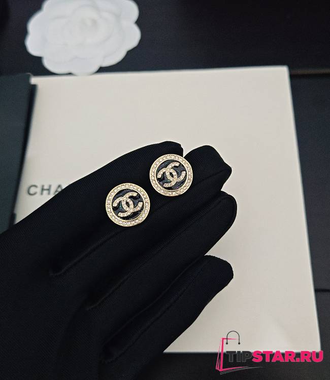 Chanel black leather diamond cc earrings 02 - 1