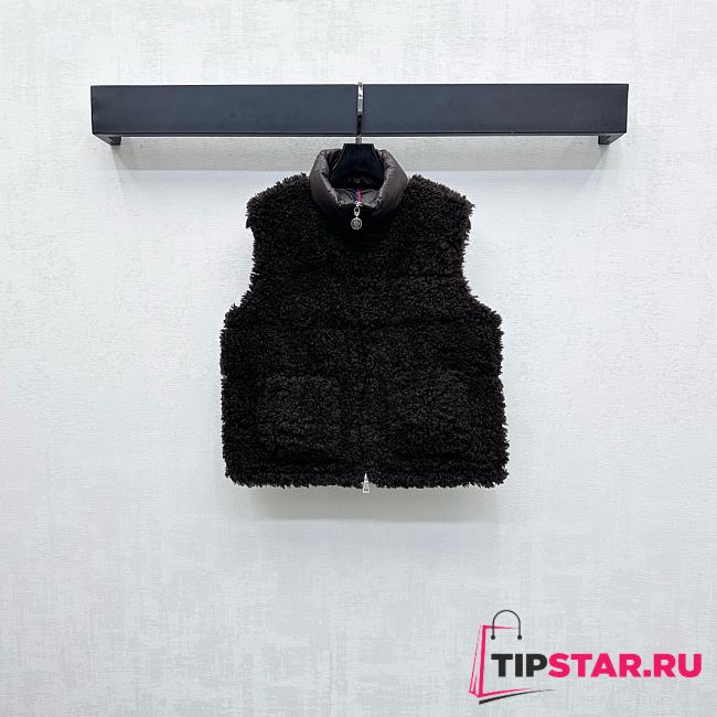 Moncler Teddy Plush Zipper Down Vest In Brown - 1