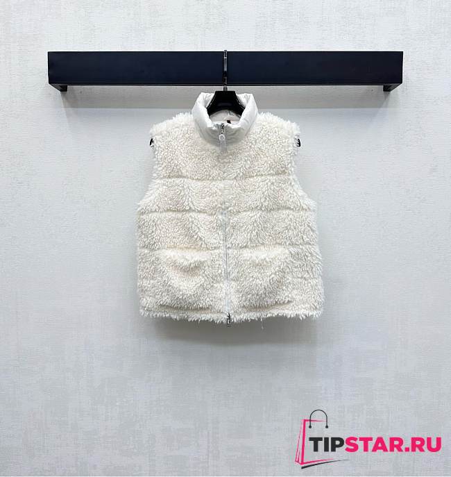 Moncler Teddy Plush Zipper Down Vest In White - 1
