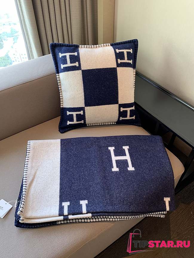 Hermes Blanket & Pillow In Navy Blue - 1
