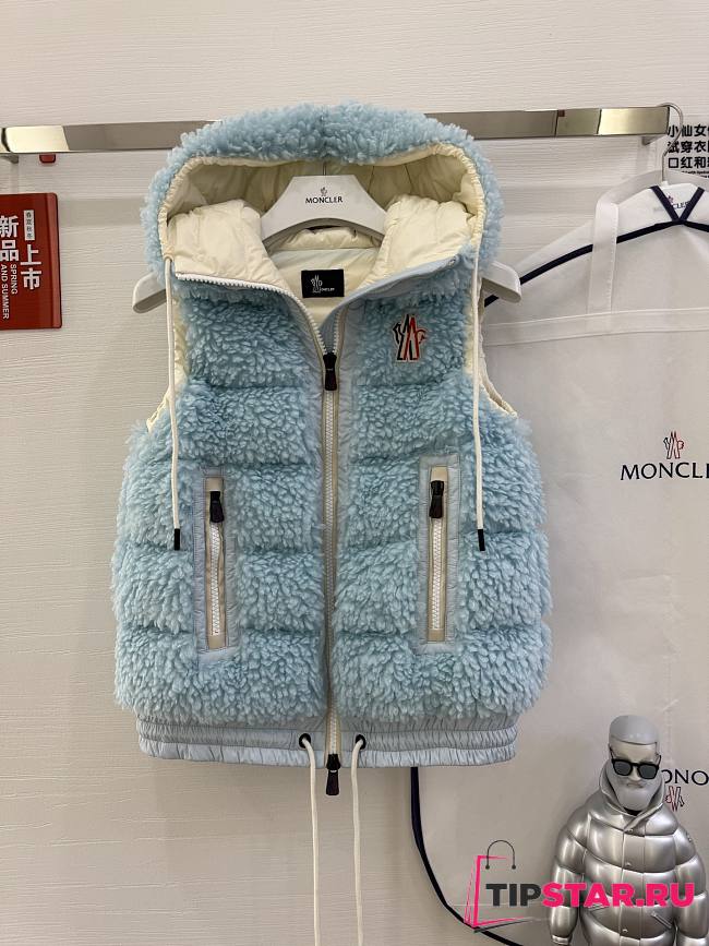 Moncler Classic Teddy Hooded Casual Down Vest In Blue - 1
