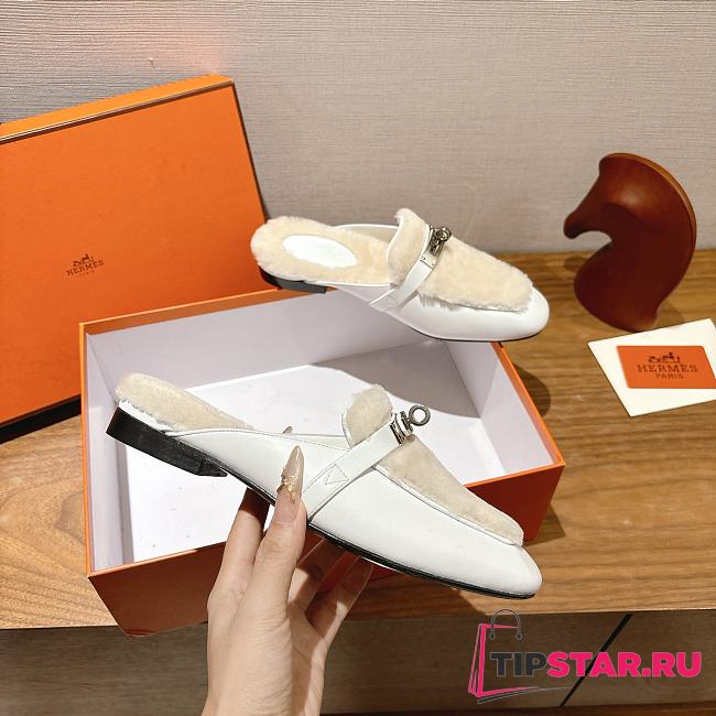Hermes H-House Wool Mules with Classic Kelly Buckle White - 1