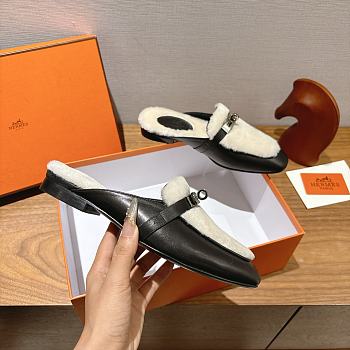 Hermes H-House Wool Mules with Classic Kelly Buckle Black