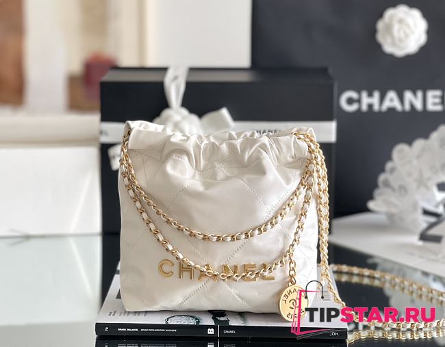 Chanel 22 mini bag Glossy Calfskin & Gold Metal White AS3260 - 1