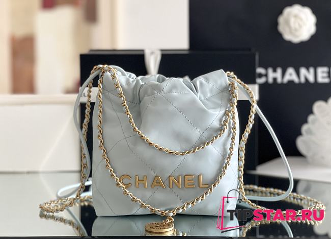 Chanel 22 mini bag Glossy Calfskin & Gold Metal Blue AS3260 - 1