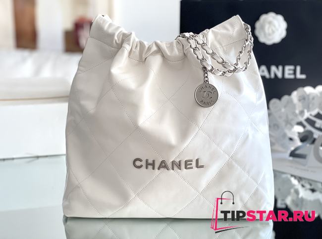 Chanel 22 Handbag Shiny Calfskin & Silver-Tone Metal White AS3261 - 1