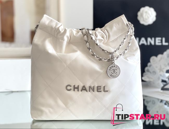 Chanel 22 small bag Glossy Calfskin & Silver Metal White AS3260 - 1