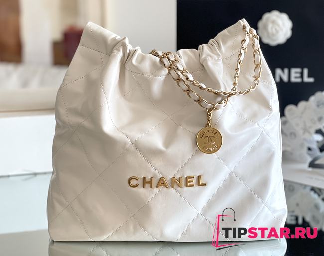Chanel 22 Handbag Shiny Calfskin & Gold-Tone Metal White AS3261 - 1