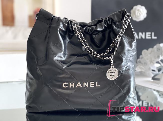 Chanel 22 Handbag Shiny Calfskin & Silver-Tone Metal Black AS3261 - 1