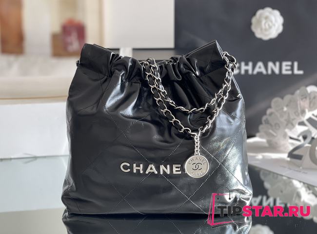 Chanel 22 small bag Glossy Calfskin & Silver Metal Black AS3260 - 1