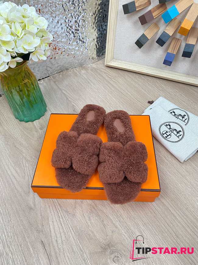 Hermes Furry Flat Slippers 05 - 1