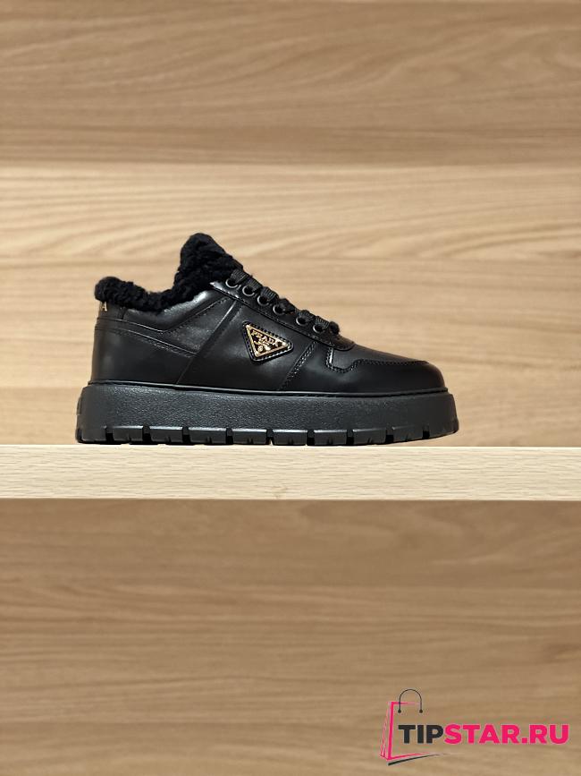 Prada triangular buckle lace-up casual shoes black wool - 1