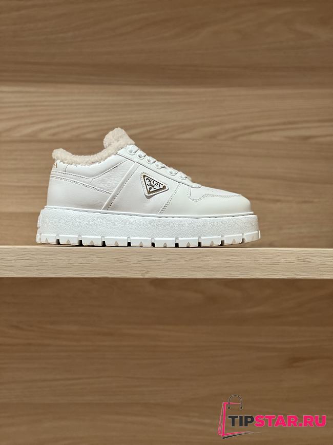 Prada triangular buckle lace-up casual shoes white wool - 1