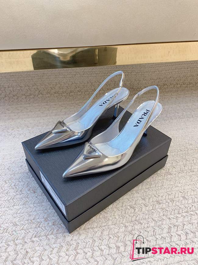 Prada Black Brushed Leather Slingback Pumps Silver - 1