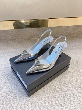 Prada Black Brushed Leather Slingback Pumps Silver
