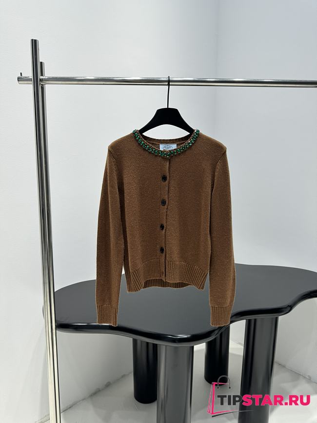Prada Wool Rhinestone Crew Neck Cardigan Brown - 1