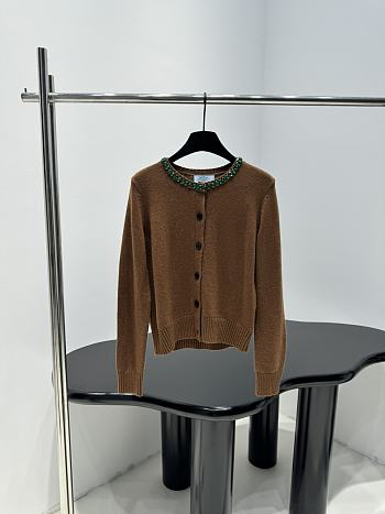 Prada Wool Rhinestone Crew Neck Cardigan Brown