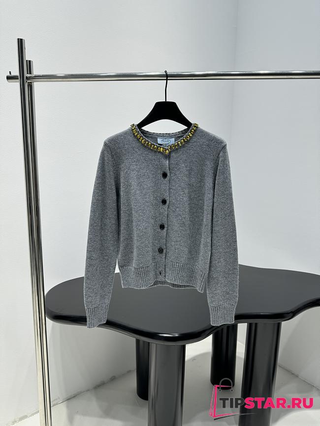Prada Wool Rhinestone Crew Neck Cardigan Gray - 1