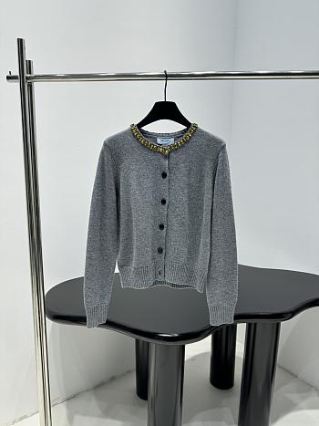 Prada Wool Rhinestone Crew Neck Cardigan Gray