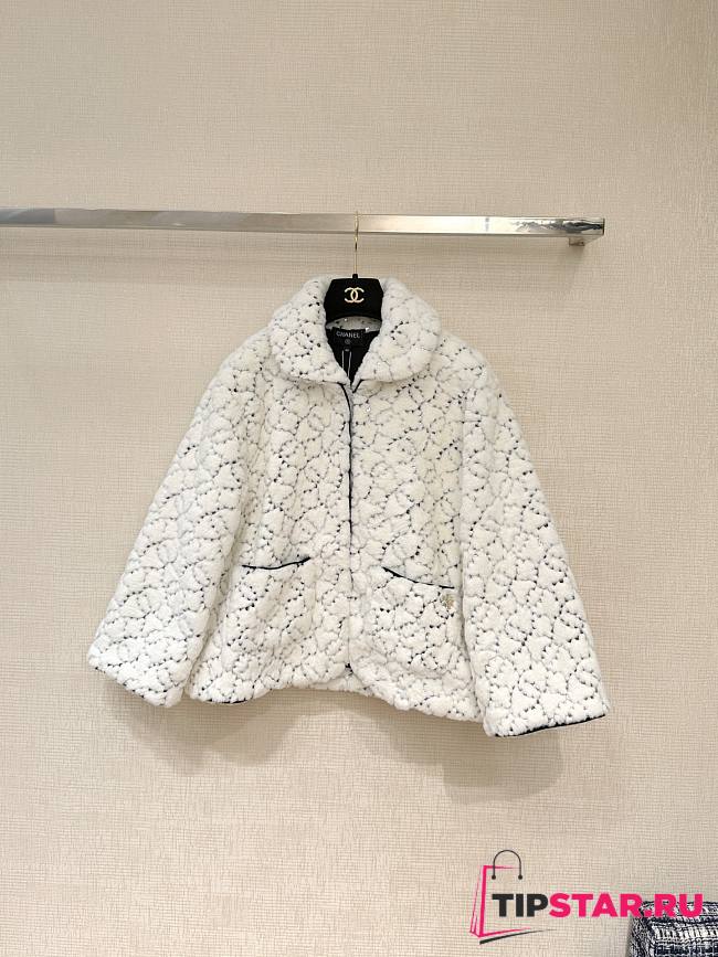 Chanel Sequin Logo Faux Fur Collar Jacket with Hook and Loop Design White - 1