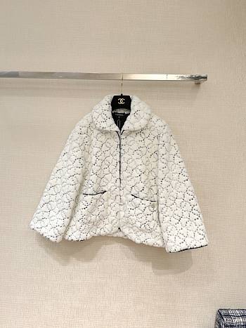 Chanel Sequin Logo Faux Fur Collar Jacket with Hook and Loop Design White