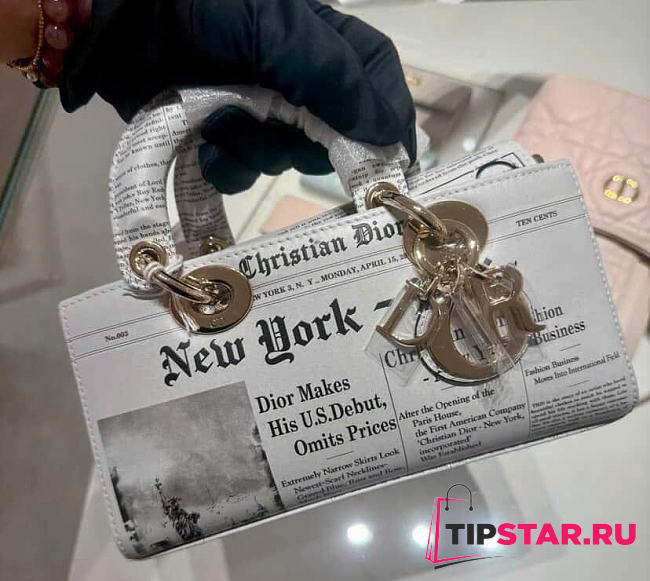 Dior Small Lady D-Joy Bag White and Black Calfskin with Newspaper Print - 1