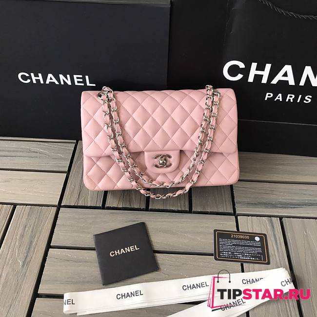 Chanel Classic Flap Chain Bag Lambskin Pink Silver - A01112- 25cm - 1