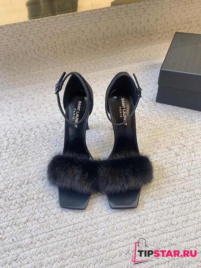 Ysl Saint Laurent Roy Genuine Mink Fur Sandal Black - 1